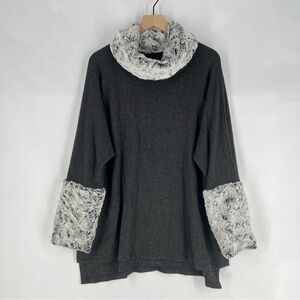 Capote Charcoal Gray Stretch Knit Faux Fur Accents Dolman Cape‎ Poncho Cozy L